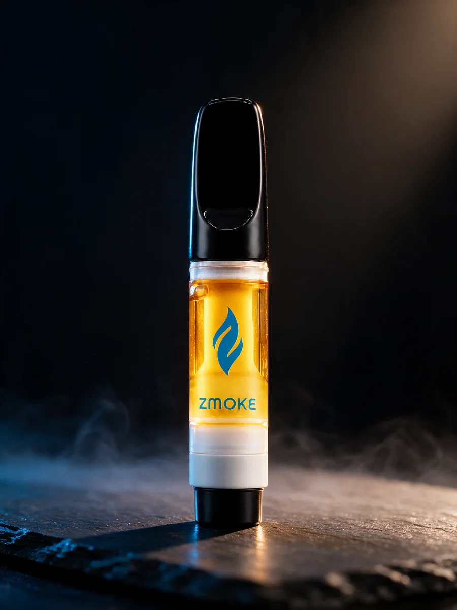 A ZMOKE 510 cartridge with a blue flame label standing upright on slate