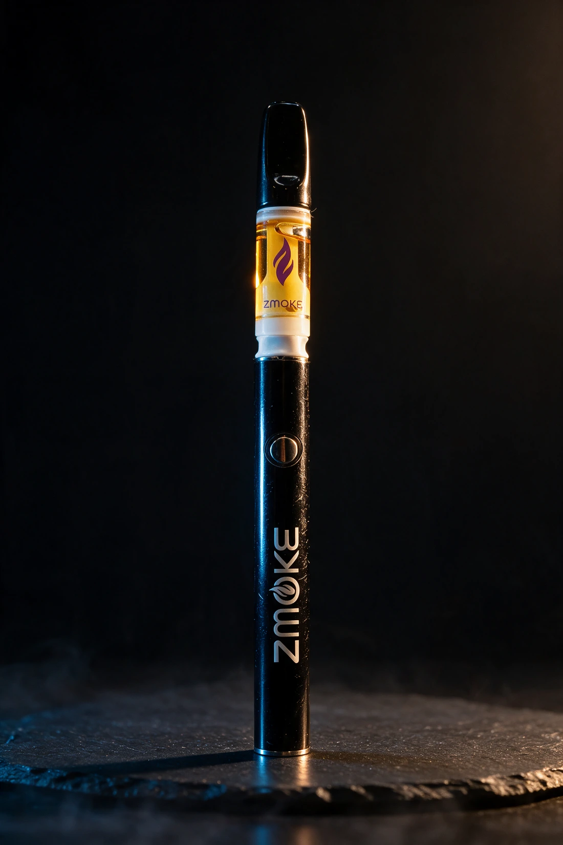 Purple-family ZMOKE 510 cartridge attached to a black battery on a dark studio background