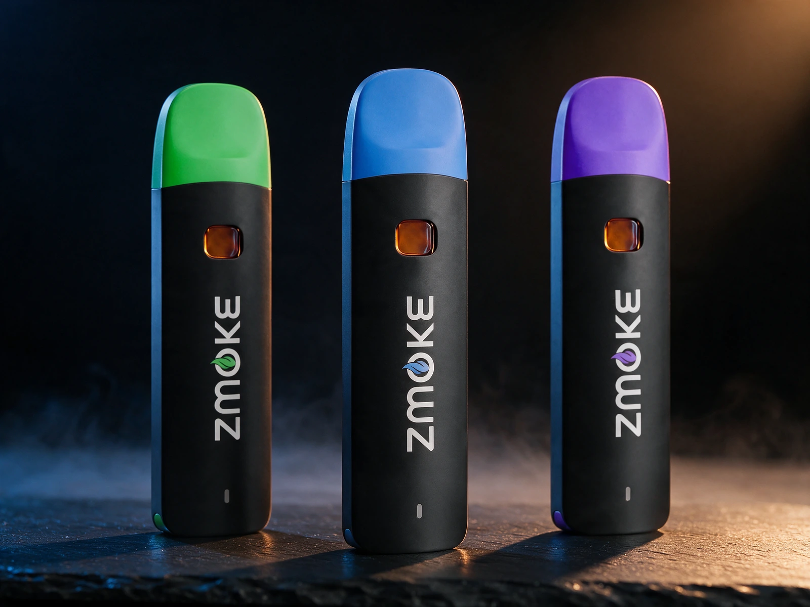 ZMOKE disposable devices in the blue, green, and purple family colors staged on dark slate