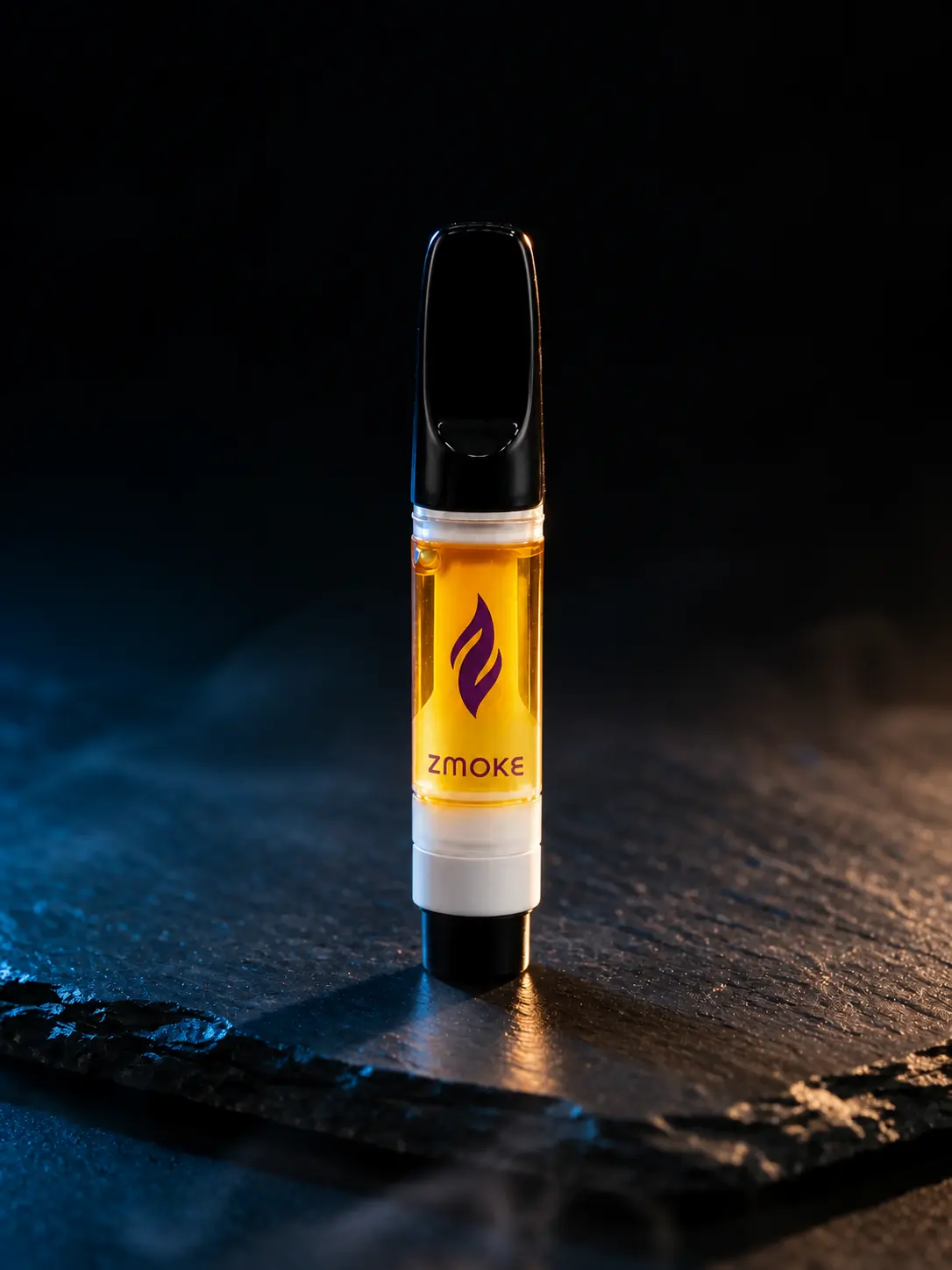 Purple Indica ZMOKE 510 cartridge staged on dark slate