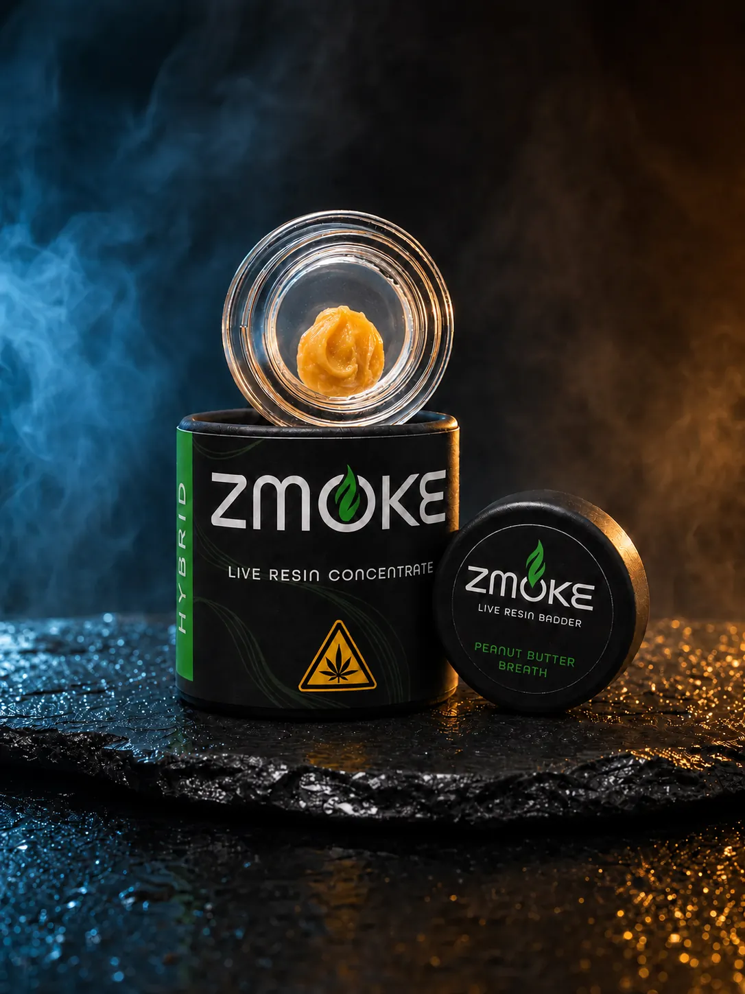Green Hybrid ZMOKE live resin concentrate package staged on dark slate