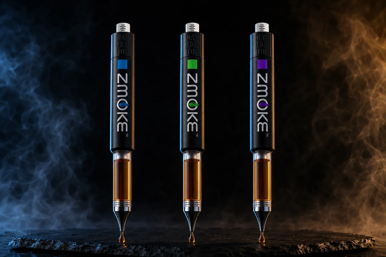 Three ZMOKE Liquid Dabz applicators in the blue, green, and purple family colors, each releasing a drop onto dark slate