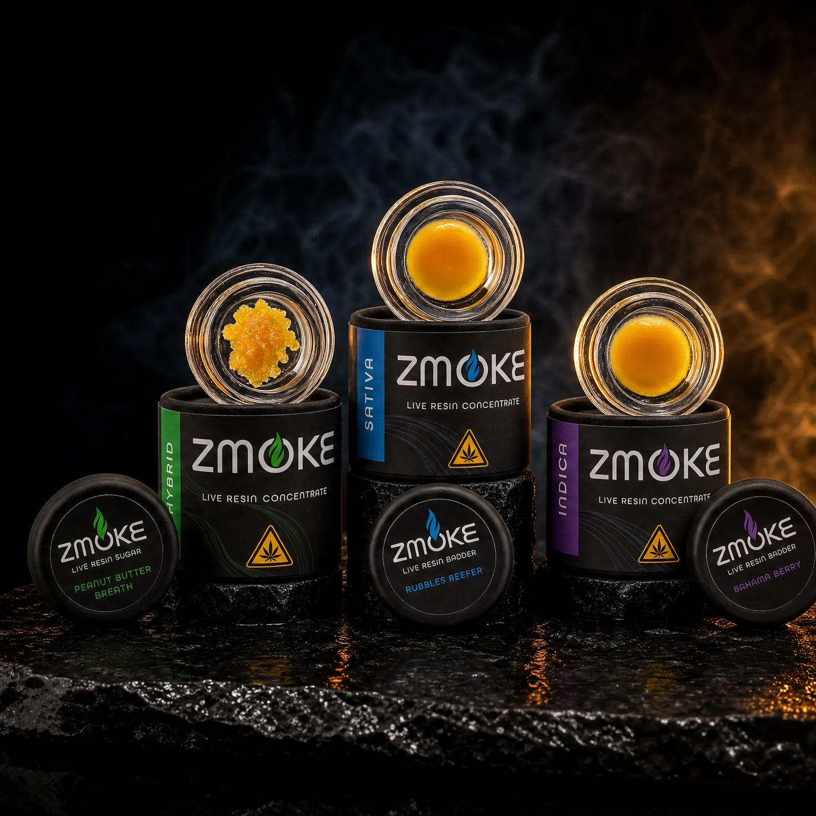ZMOKE live resin concentrate tins in the blue, green, and purple family colors, each with an open jar of concentrate resting on top