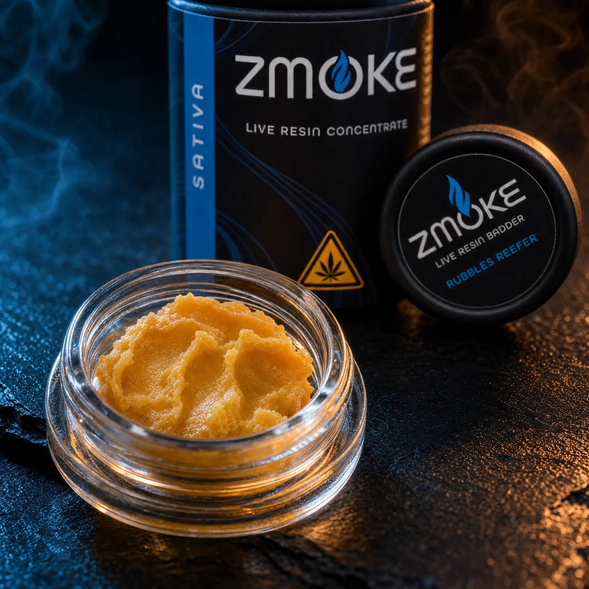 Golden ZMOKE live resin badder shown in an open glass jar